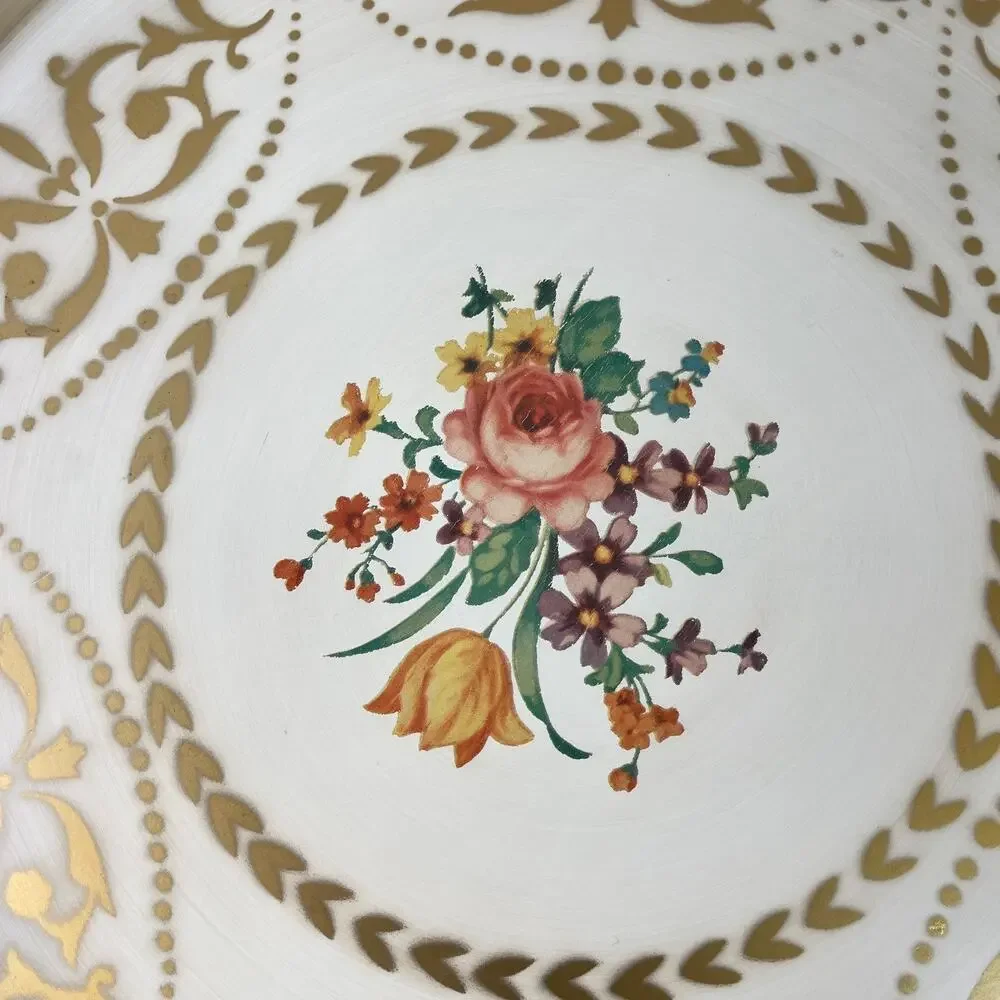American Art Works Social Supper Tray Round Floral Raised Reticulated Edge 14.5